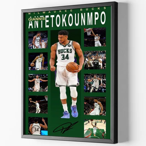 Vista 9 de Póster firmado de la superestrella del baloncesto Giannis Antetokounmpo para niños, decoración de pared, dormitorio, decoración de pared, lienzo