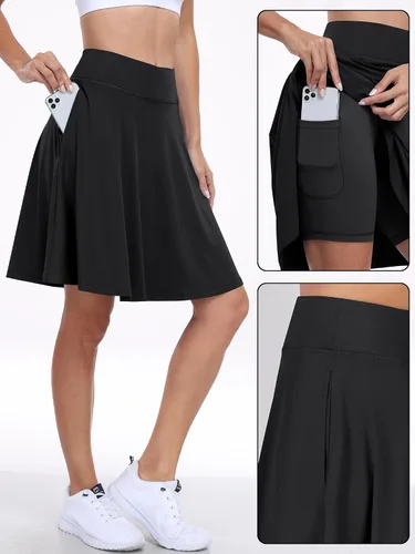 Vista 2 de ANRABESS Faldas hasta la rodilla para mujer con bolsillos, cintura alta, para golf, tenis, viajes, pantalones cortos integrados