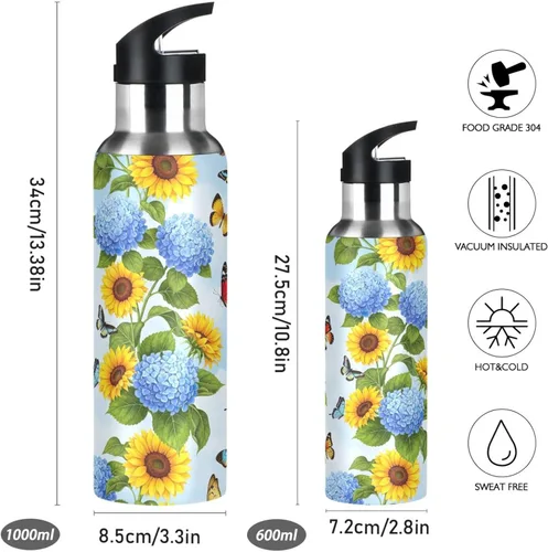 Vista 2 de Stainless Steel Vacuum Insulated Water Bottle 20 Oz, BPA-Free Sports Water Bottle for Gym Outdoor Travel School, Yellow Sunflowers