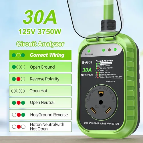 Vista 2 de EyGde Protector de sobretensiones para RV de 30 amperios, analizador de circuito RV con cubierta impermeable, protector de voltaje de potencia