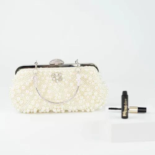 Vista 9 de Ofuleo Bolsos de mano de perlas de lujo, bandolera de cristal para mujer, para boda, noche, fiesta casual, Blanco