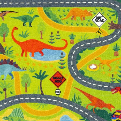 Vista 4 de KC Cubs 5x7 Alfombra de dinosaurios con coche de juguete Dino – Alfombra de juego educativa para niños, bebés, guardería, aula, sala