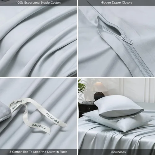 Vista 5 de MooMee Juego de funda de edredón 100% algodón de fibra extra larga de 600 hilos, satén sedoso, suave, transpirable, duradero, ropa de cama