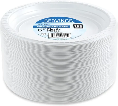 Vista 6 de Blue Sky Platos de plástico blanco de 6 pulgadas, 100 platos de plástico desechables, aptos para microondas, perfectos para fiestas de cumpleaños