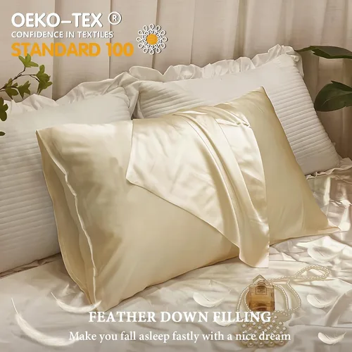 Vista 7 de BHZ Almohada estándar de plumas de ganso con funda de almohada de satén, almohada de cama de lujo de la colección de hotel para dormir, soporte