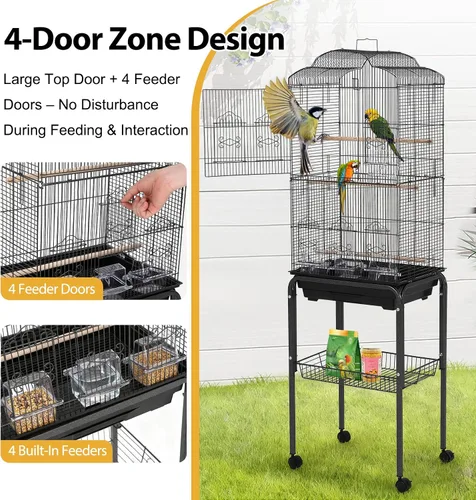 Vista 3 de Jaula grande de metal para pájaros de 60 pulgadas con soporte, jaula de loro rodante con estante de almacenamiento, bandeja deslizante, perca