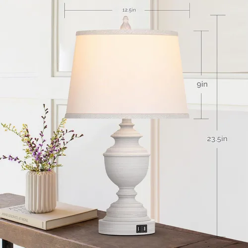 Vista 4 de Juego de 2 lámparas de mesa, lámpara moderna de mesita de noche estilo granja con puertos USB, control táctil regulable de 3 vías, lámparas de Blanco