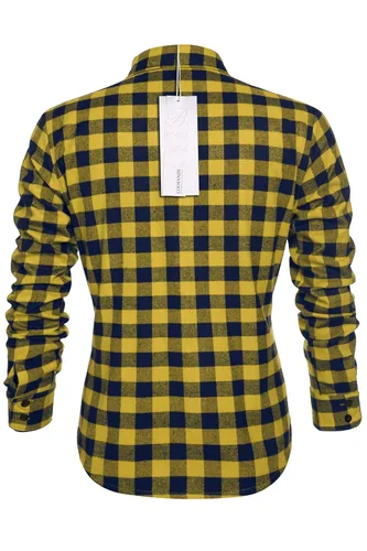 Vista 3 de COOFANDY Camisas casuales de manga larga a cuadros con botones para hombre, camisa de vestir regular a cuadros con bolsillo, 3 amarillo.