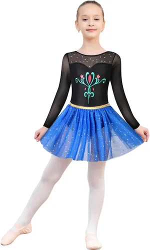 Vista 8 de EQSJIU Leotardo de ballet de manga larga con falda tutú para niñas, baile, gimnasia, niños pequeños, vestido de fiesta de copo de nieve brillante
