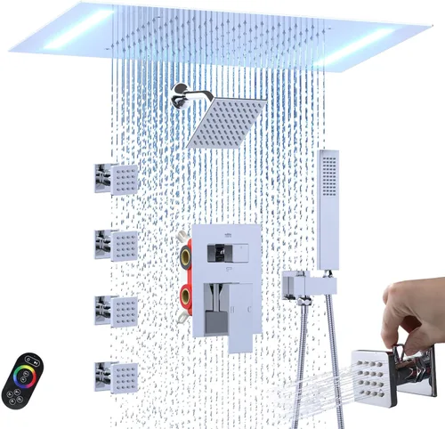 Vista 15 de ENGA - Sistema de ducha doble LED de lluvia, cabezal de ducha grande de 14 x 20 pulgadas + ducha de pared de 6 pulgadas, 4 chorros corporales