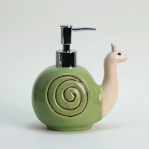 Vista 4 de Colias Wing Dispensador de jabón con forma de caracol retro de cerámica con bomba de plástico, botella de jabón de loción recargable, botella