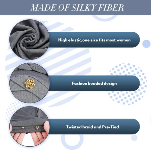 Vista 3 de 6 Pieces Women African Turban Head Wraps Caps Twisted Braid Beaded Elastic Wrap Cap