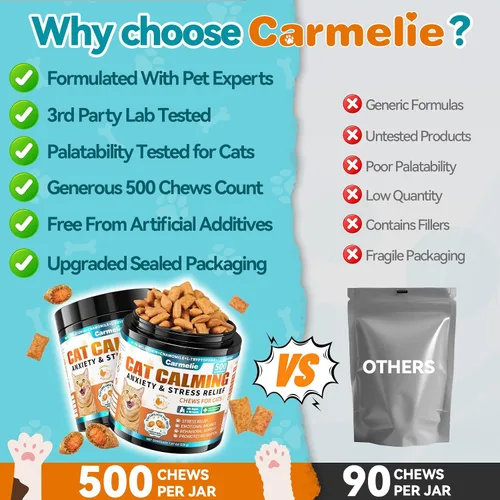 Vista 8 de Golosinas calmantes para gatos, 500 golosinas calmantes crujientes y cremosas con melatonina, manzanilla para gatos, alivio del estrés