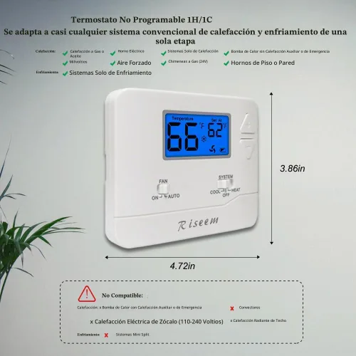 Vista 3 de Termostato no programable para sistemas domésticos de una sola etapa, 1 calor/1 fresco, fácil de instalar, retroiluminación azul