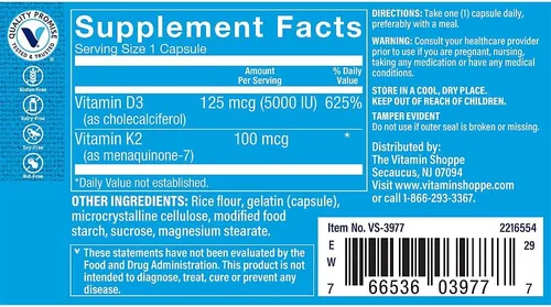 Vista 2 de The Vitamin Shoppe Suplemento de vitamina D3 y K2 MK7, 5000 UI, 60 cápsulas