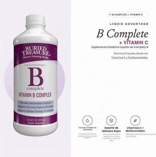Vista 5 de Buried Treasure B Complete - Complejo líquido de vitamina B con metilcobalamina B12 y metilfolato B9, biotina, B1, B2, B3, B5, B6, líquido y sin