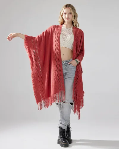 Vista 2 de noflik Women's Fringed Ruana Poncho Shawl Sweater Cardigan