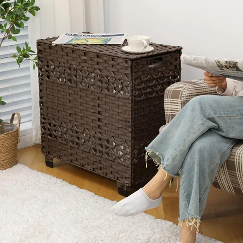 Vista 2 de OIAHOMY Cesta de lavandería con tapa, cesta de ropa de 140 litros con 3 bolsas extraíbles con forro, cesta plegable con tapa, cesta de mimbre Marrón