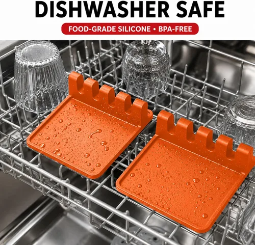 Vista 9 de Paquete de 2 cucharas de silicona naranja para estufa, soporte para cuchara para estufa Terracota quemada