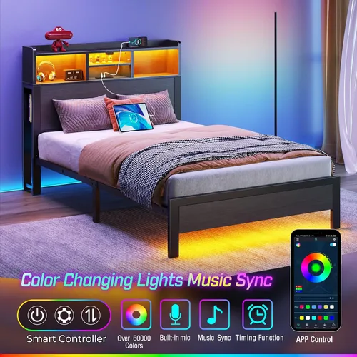 Vista 6 de Rolanstar Base de cama individual con cabecera de almacenamiento y estante lateral, plataforma de metal con estación de carga, cama individual LED
