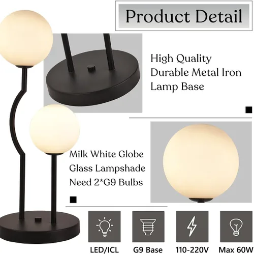 Vista 2 de Lámpara de mesa de globo negro de mediados de siglo industrial retro con 2 luces orbiculares de escritorio con globo de vidrio blanco para mesita