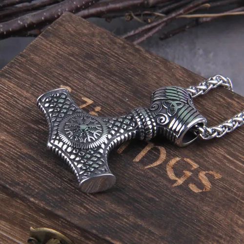 Vista 2 de Collar de amuleto de runa escandinava de Mjolnir de los Vikingos Nordos, cadena de acero inoxidable, colgante de ancla Vegvisir, joyería masculina