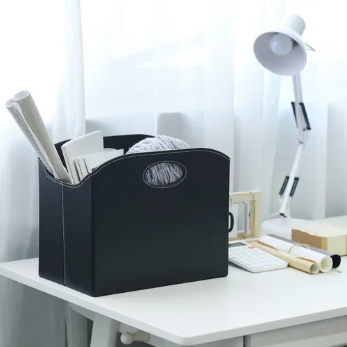 Vista 3 de EZDeco Revistero plegable con soporte para revistas de PU de cuero en el suelo, organizador de archivos de PU para periódicos, libros, cesta
