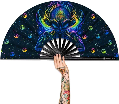 Vista 12 de Abanico Plegable Grande, Abanico Rave Clack de 13 Pulgadas, Abanico de Mano para Mujeres y Hombres con Tela de Satén Premium, Marco de Bambú Grueso