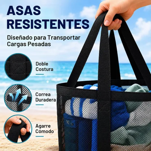 Vista 6 de SRISE Mesh Beach Bag - Large Beach Tote Bag for Family Beach Bag for Toys & Vacation Essentials Negro