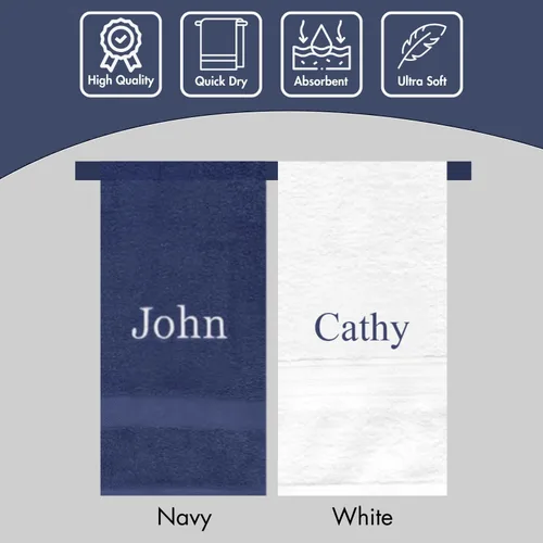 Vista 2 de Juego de 2 toallas bordadas personalizadas, 16 x 28 pulgadas, suaves, absorbentes, calidad de hotel, spa, regalo personalizado (blanco y azul marino)