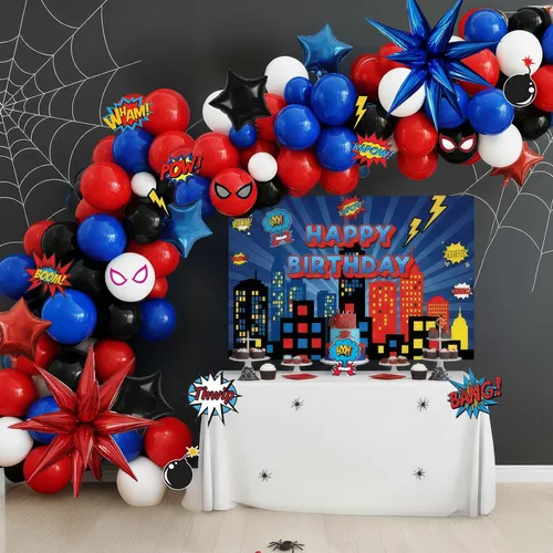Vista 15 de Decoraciones de fiesta de cumpleaños con temática de circo e incluyen guirnalda de globos rojos, azules y amarillos y globos de papel de aluminio