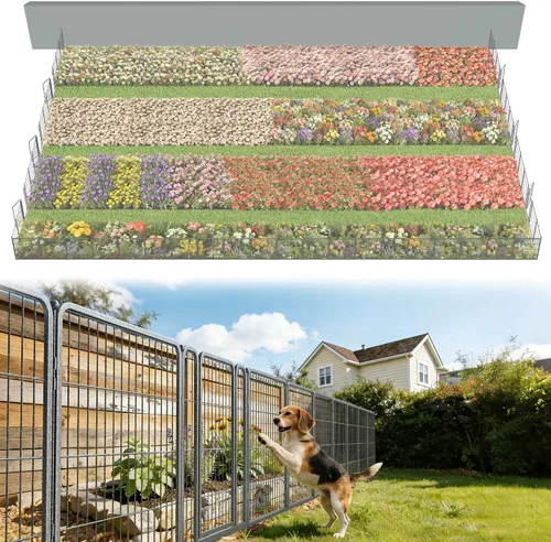 Vista 70 de FXW Valla de jardín al aire libre para el patio, 17 pulgadas de alto x 29.3 pies de largo, barrera de metal resistente para animales, para perros
