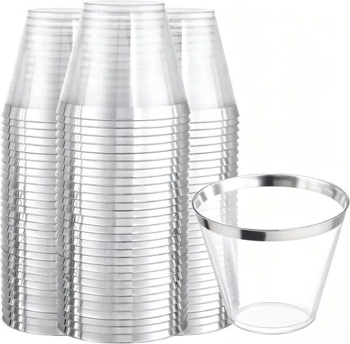 Vista 15 de Ciaell 120 vasos de plástico dorados, vasos de plástico transparente resistentes de 10 onzas con borde dorado, vasos desechables con borde dorado