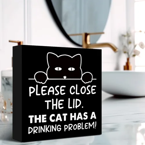 Vista 6 de LVQHI Divertidos carteles de madera para baño, decoración de escritorio de baño, decoración de escritorio de baño, cierre la tapa, el gato tiene un