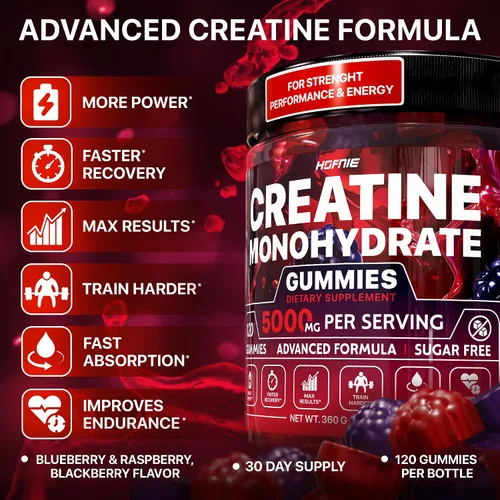 Vista 3 de Gomitas de monohidrato de creatina de 5000 mg - Creatina vegana sin azúcar para hombres y mujeres - Monohidrato de creatina masticable con sabor a