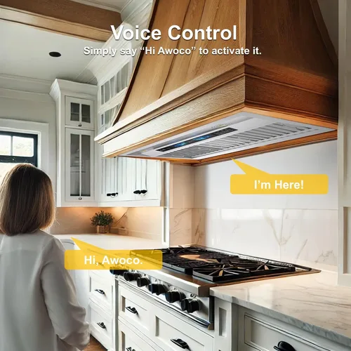 Vista 2 de Awoco Campana extractora de 30 pulgadas, campana de cocina integrada con 800 CFM, control de voz/gestos/táctil, campana de estufa de acero