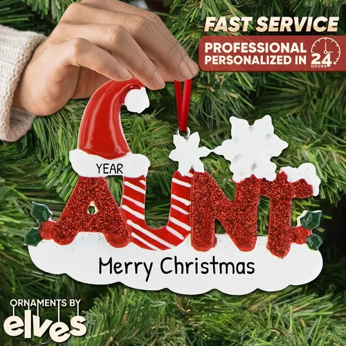 Vista 2 de Adorno de Navidad familiar personalizado – Adornos personalizados para tía, adorno de la mejor tía de la historia, adornos de regalo personalizados
