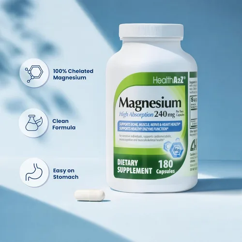 Vista 2 de HealthA2Z® Glicinato de magnesio 240 mg - 180 cápsulas, apoya la energía diurna, sueño reparador nocturno, alivio del estrés, equilibrio del estado