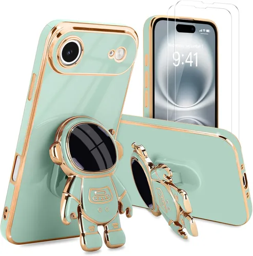 Vista 42 de Pepmune - Funda para iPhone 15 con soporte de astronauta 3D, color negro [2 Screen Protector], Luxury Electroplated Soft TPU Cover with Kickstand
