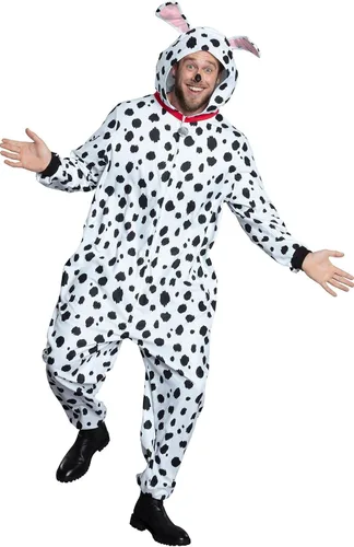 Vista 3 de Mono con capucha dálmata para adultos, talla extra XXL, color blanco y negro, 1 pieza