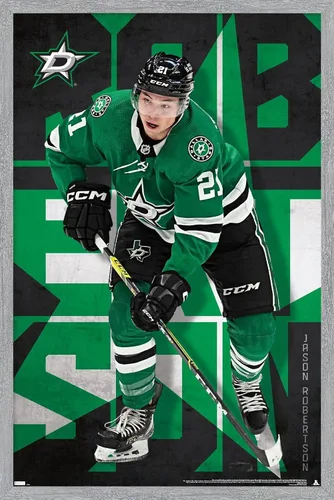Vista 14 de Trends International NHL Dallas Stars - Póster de pared de Jason Robertson 23, 22.37 x 34.00 pulgadas, paquete de impresión y colgador de madera