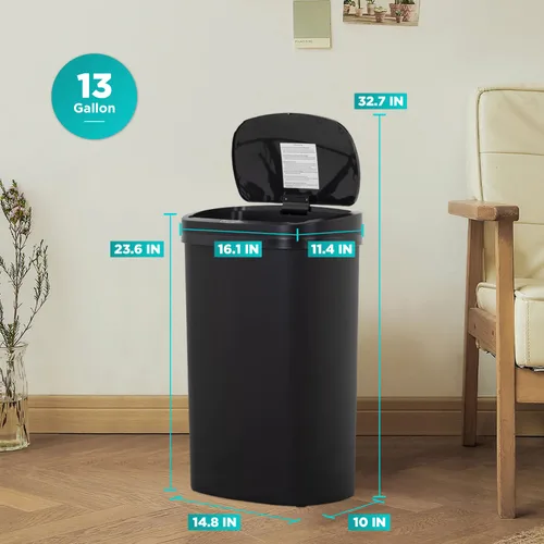 Vista 7 de PayLessHere Bote de basura de plástico de 13 galones Negro Tapa automática sin contacto con sensor de movimiento Bote de basura de cocina