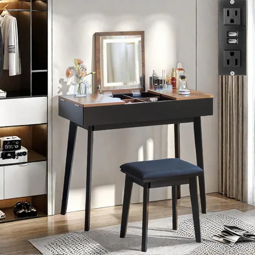 Vista 3 de Tocador Pequeño, Tocador Compacto para Niñas con Taburete y Toma de Corriente, Escritorio de Maquillaje con Espejo y Luz LED, Mesa de Tocador