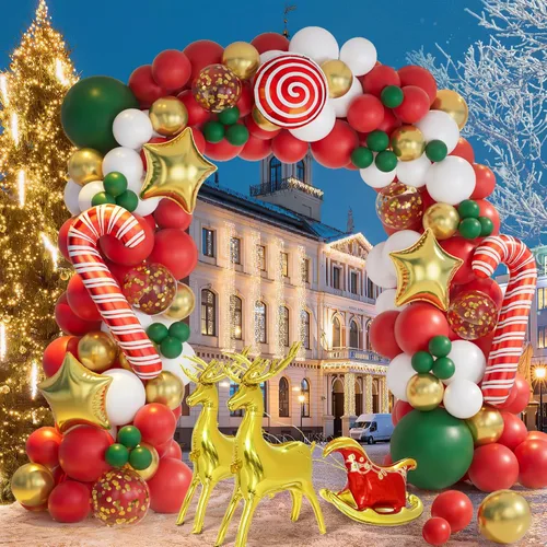 Vista 4 de AobkDeco Kit de arco de guirnalda de globos de Navidad de 138 piezas con globos rojos, verdes, dorados y blancos, globos de caramelo, globos