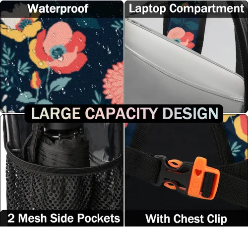 Vista 3 de Ghusang - Mochila transparente con diseño de flores, aprobada para estadios, impermeable, bolsa transparente transparente para conciertos, trabajo