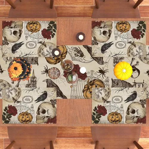 Vista 6 de Manteles individuales retro de Halloween, diseño de calavera gótica, Día de los Muertos, decoración y suministros de Halloween para la mesa