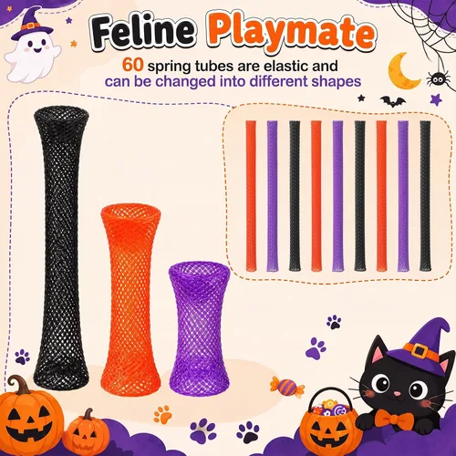 Vista 6 de Leitee 60 Pcs Cat Spring Toys Kitten Tubes,Black, Orange, and Purple Chinese Finger Trap Cat Toy For Indoor Cats, Mesh Tubes Plastic Coil For Pet