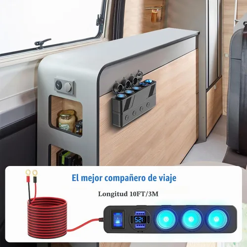 Vista 6 de Divisor de enchufe de cargador de coche de 12 V 24 V con cable de 10 pies/3M, 3 enchufes para encendedor de cigarrillos, enchufe adaptador de 4