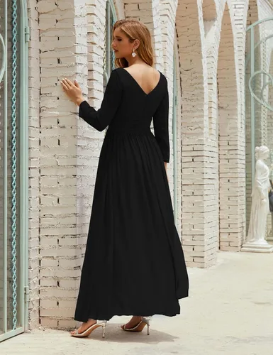Vista 2 de nightbubo Vestido de dama de honor para mujer manga larga cuello en V vestido formal de gasa para boda