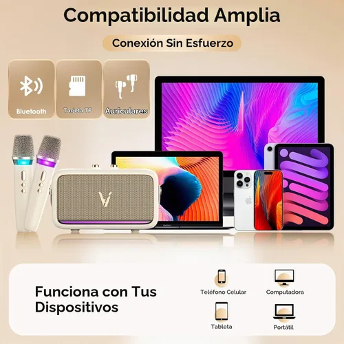 Vista 5 de Máquina de karaoke con 2 micrófonos inalámbricos y envoltura de cuero suave Mini altavoz Bluetooth portátil con 5 modos de cambio de voz